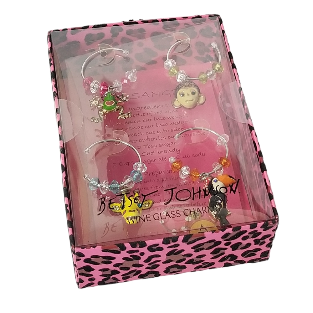 BETSEY JOHNSON Wine Glass Charms Frog Monkey Giraffe Toucan Jungle Tiki New